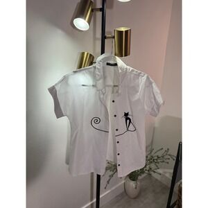 TUBE Korean top cotton CAT tail embroidery white button up playful feline MED EC